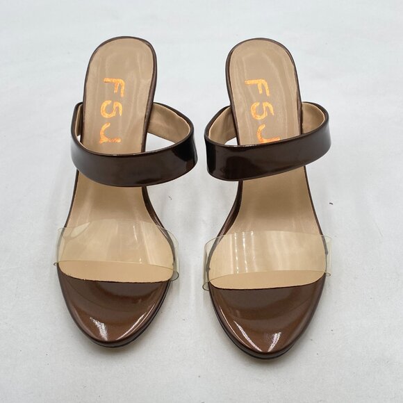 FSJ Brown Strappy Clear Open Toe Sandal Stiletto High Heel Mule Sexy Party Shoes - Picture 3 of 8
